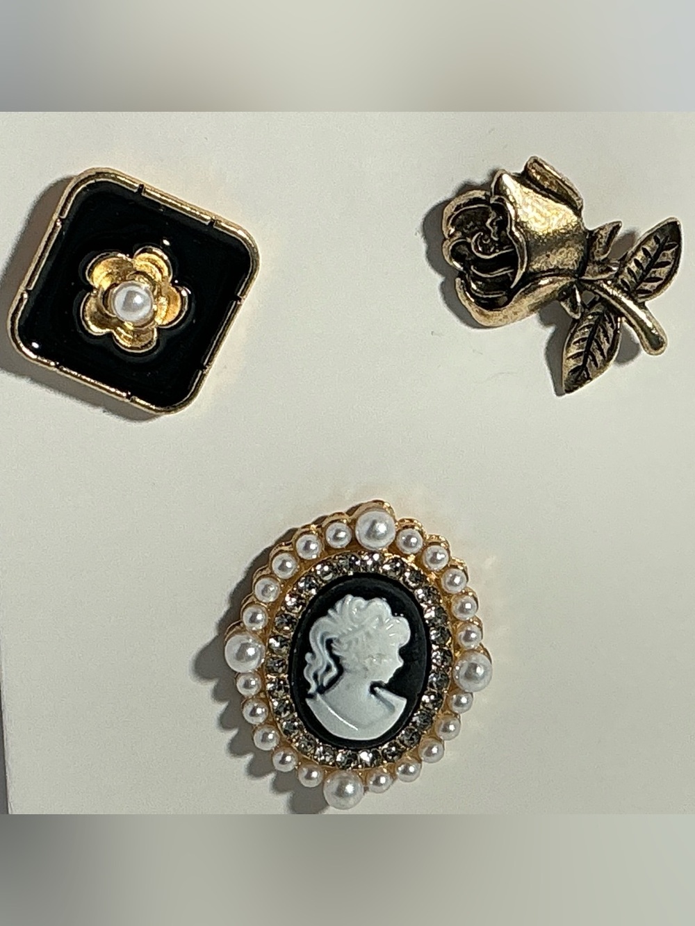 Vintage Style Brooch Pin Lot of 3 | Cameo, Rose & Pearl Flower Gold Tone Pins